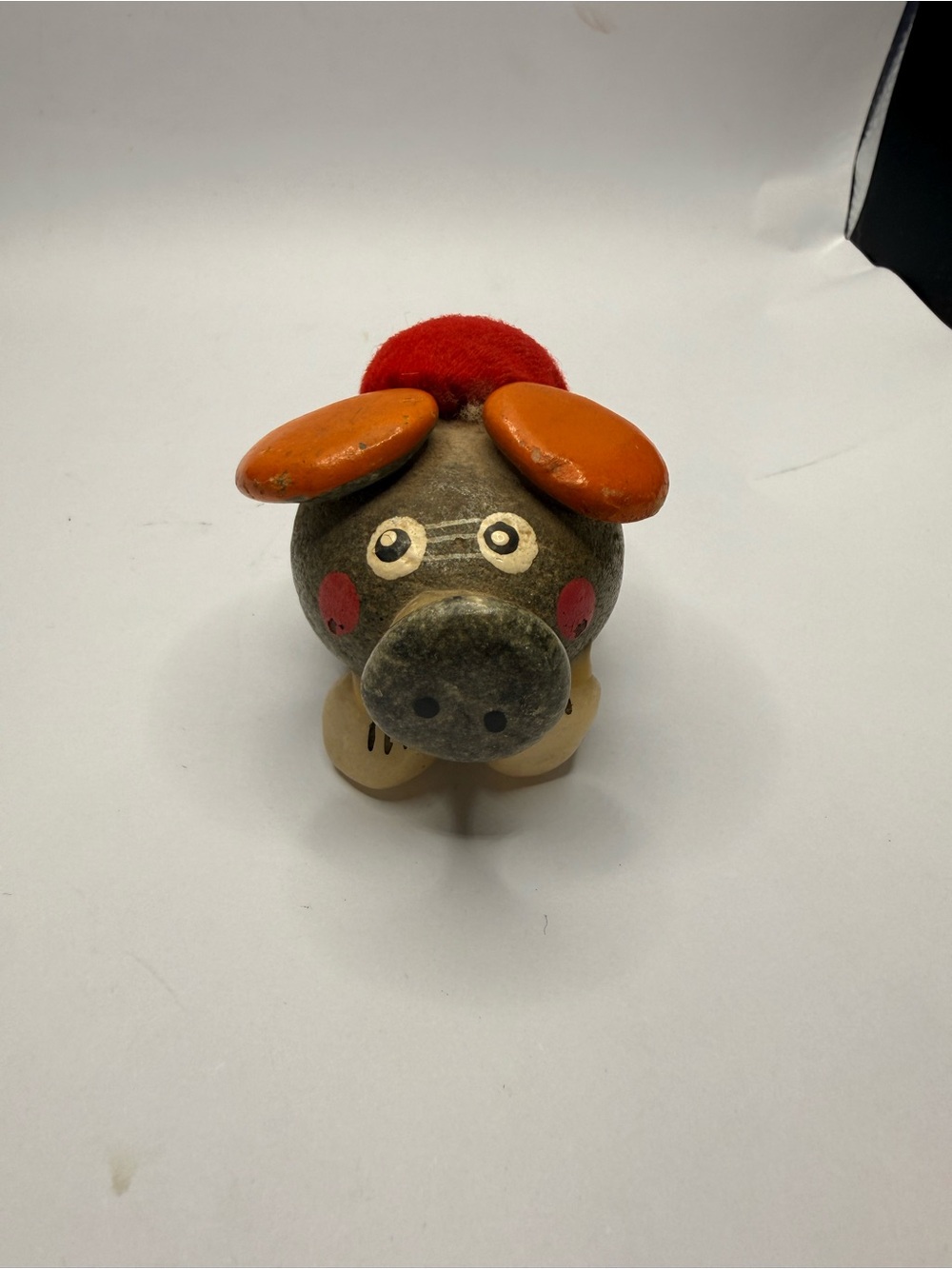Vintage Pig Pincushion Stone Body Red Felt Top Sewing Collectible